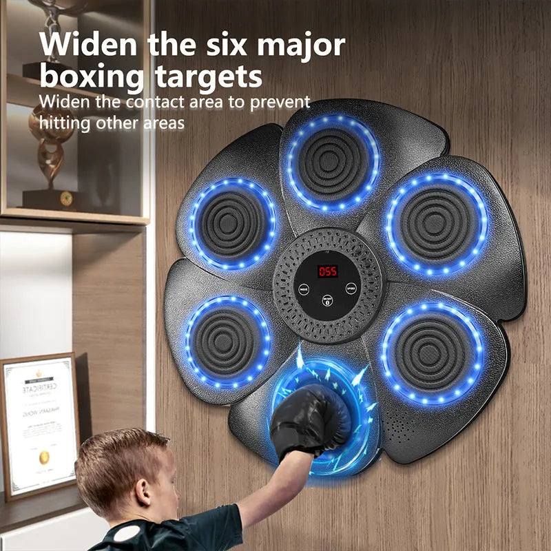 Black smart music boxing machine wall target with Bluetooth and LED lights, includes half-finger boxing gloves