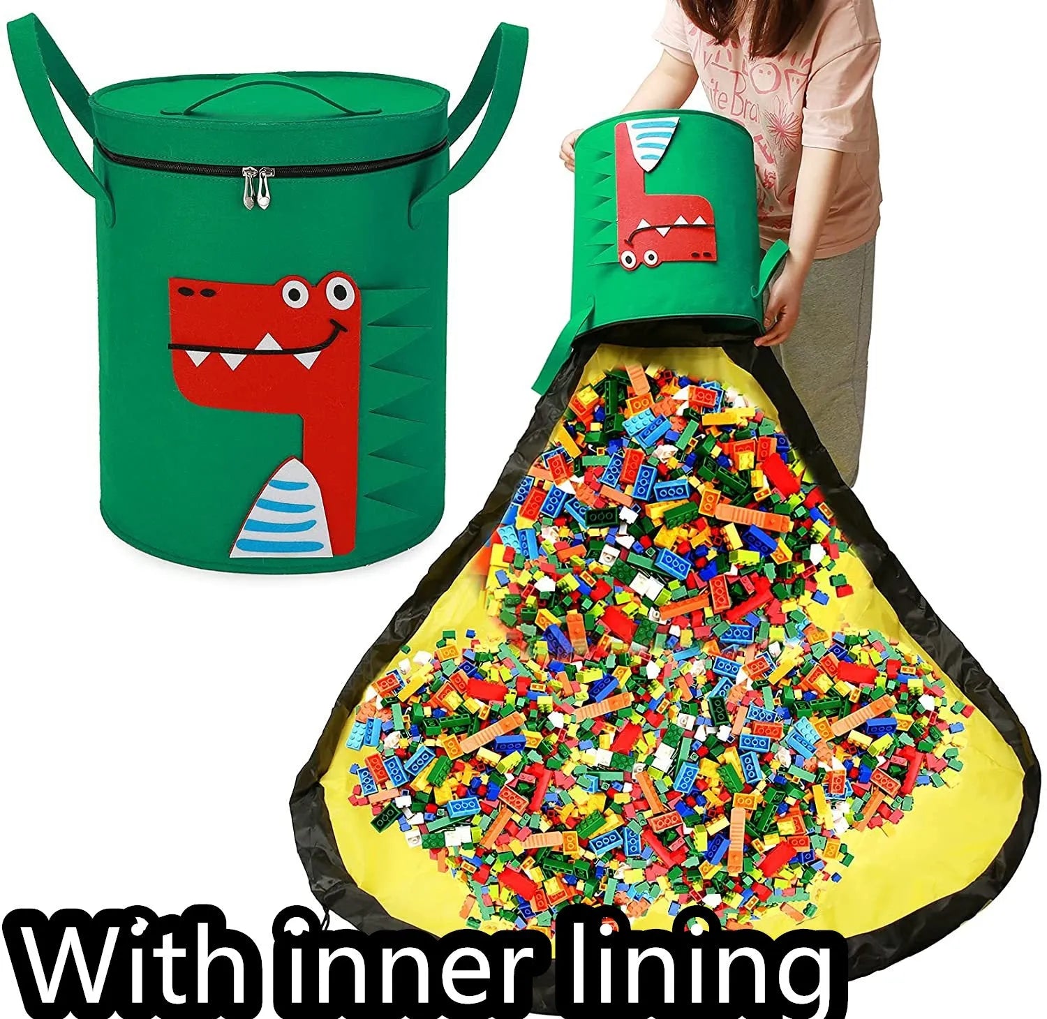Green felt cube storage bag with pull rope, shown both as a closed bag and flattened as a play mat.