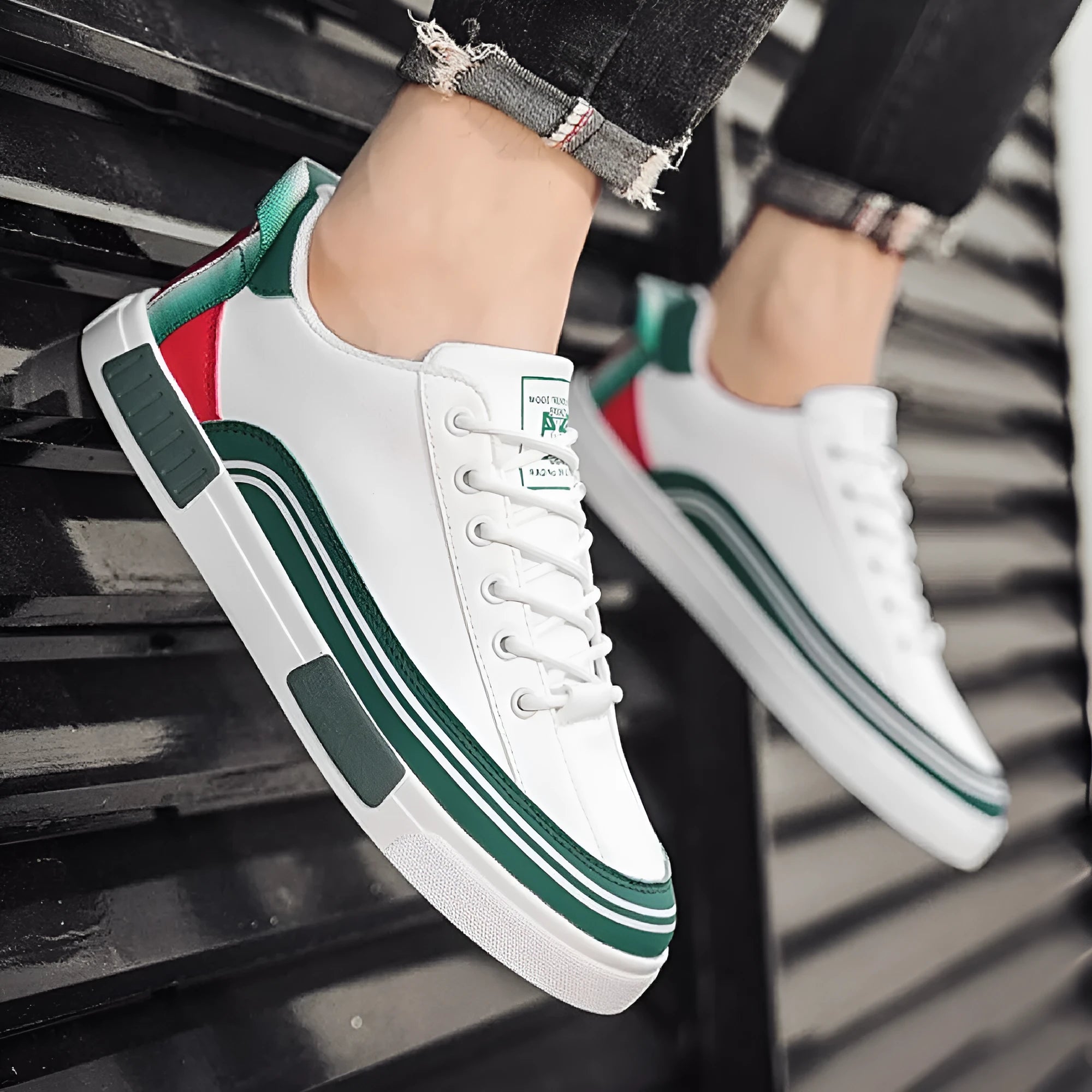 Men's canvas mesh casual shoes in beige white and green colours with flat heel round toe design