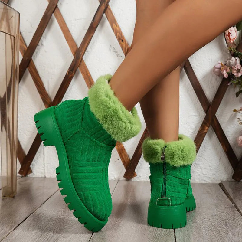 Women's winter ankle boots with thick sole and cotton lining in green
