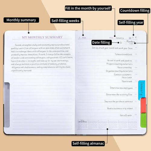 A5 undated notebook with PU leather cover in six colours, open to show flat-lay binding and planning stickers.