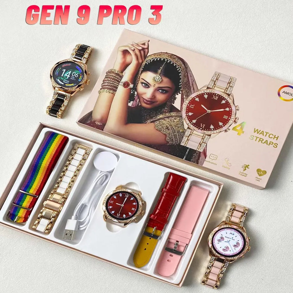 Ladies smartwatch with heart rate and blood pressure monitor, black colour, with four interchangeable watchband options