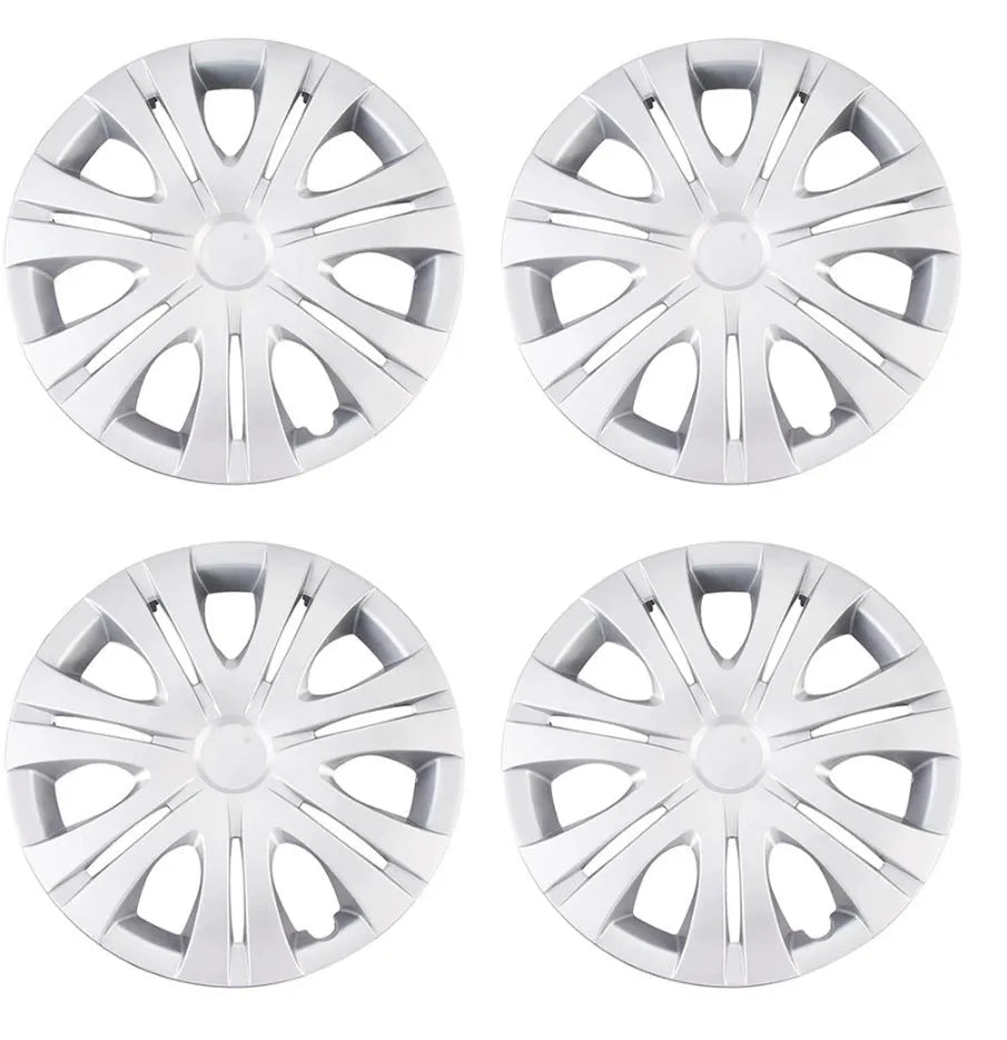 Universal black ABS plastic wheel hub cover for car, shown next to a 15-inch silver version