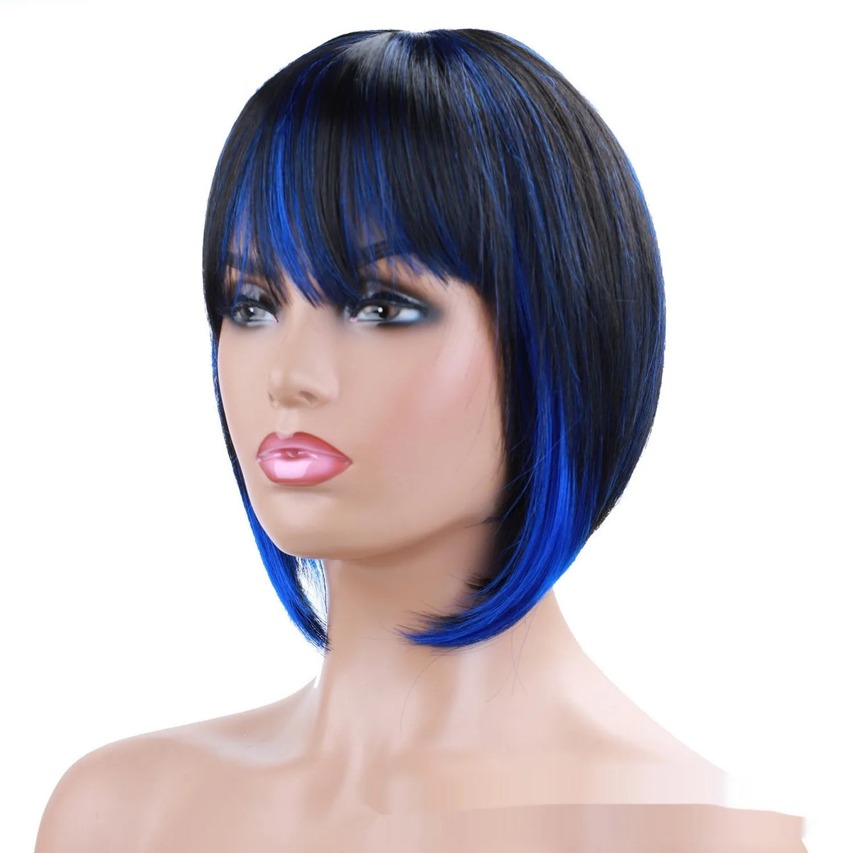 Short bangs synthetic wig in mixed 1B Blue Japanese silk fibre with non-hot dyed colour