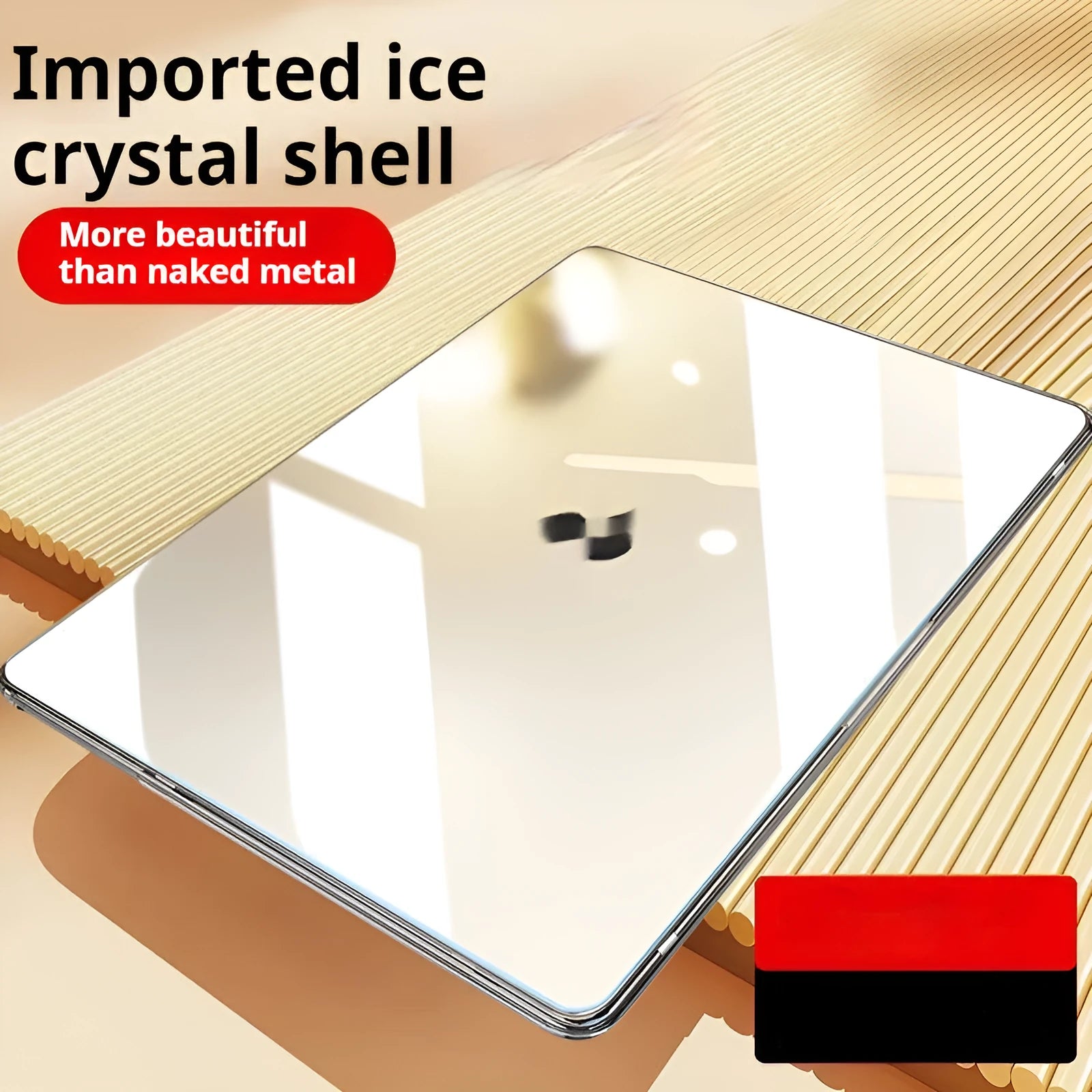 Clear transparent plastic protective shell case for a MacBook Air or Pro laptop on a table.