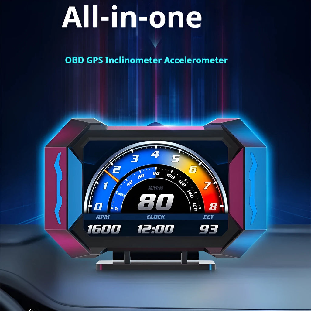 Black PC ABS car head-up display showing speed, water temperature, and voltage, OBD2 and GPS modes, HD screen
