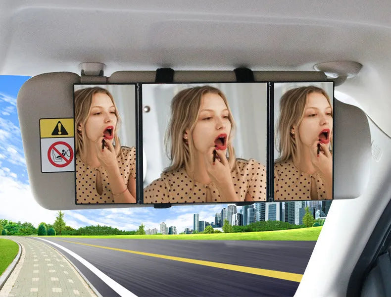 Silver car folding makeup mirror shown closed at 15.5cm and open at 30.5cm width.