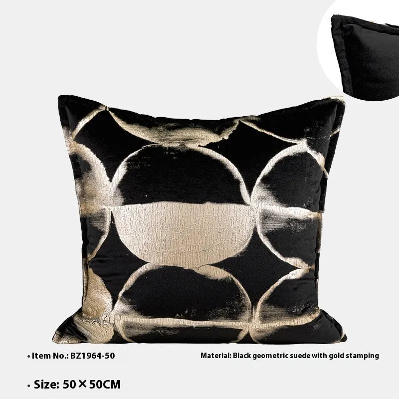 Abstract black and gold pattern decorative flannel cushion cover with zip, shown in three size options.