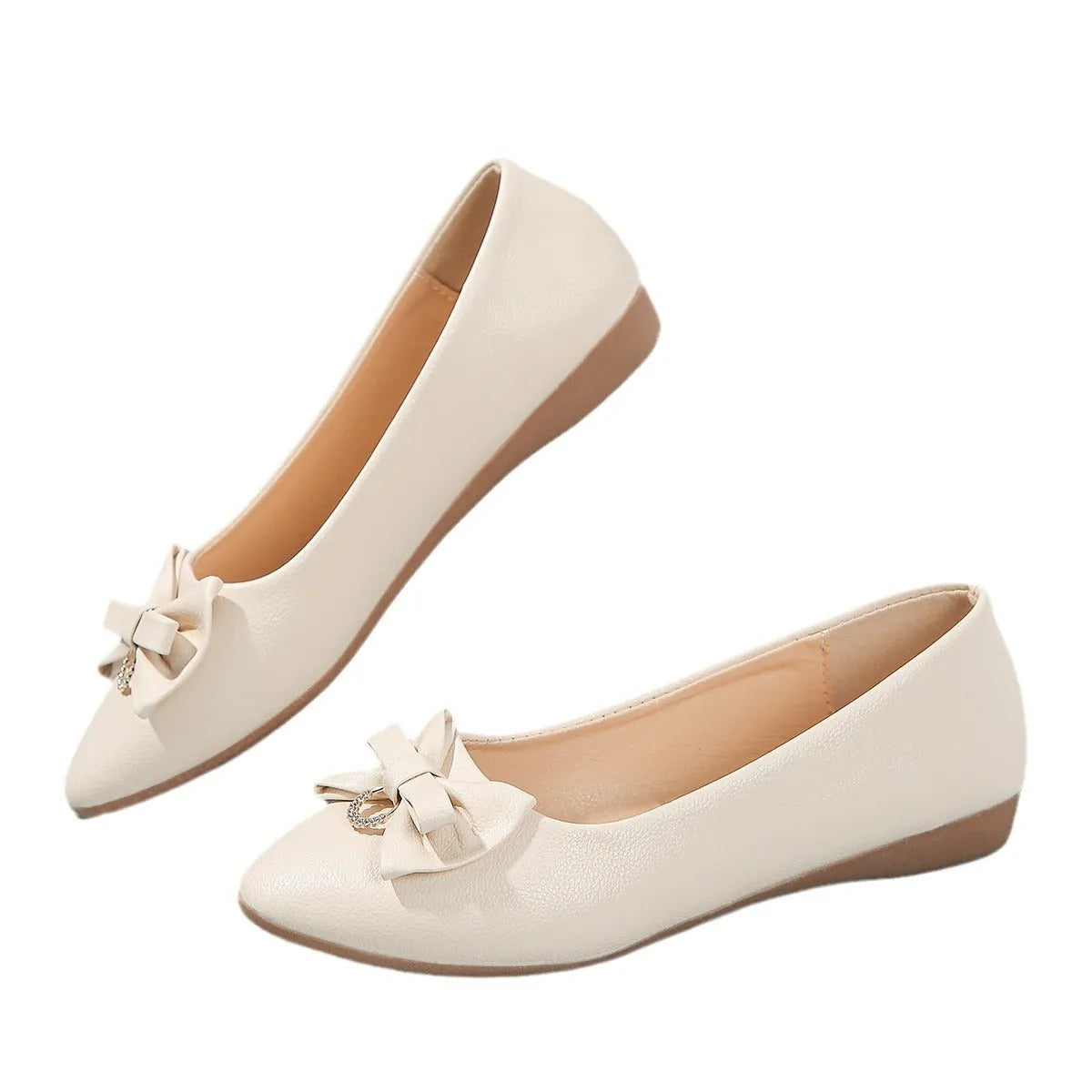 Women's beige flat casual shoes with a bowknot on the shallow mouth and a round toe.
