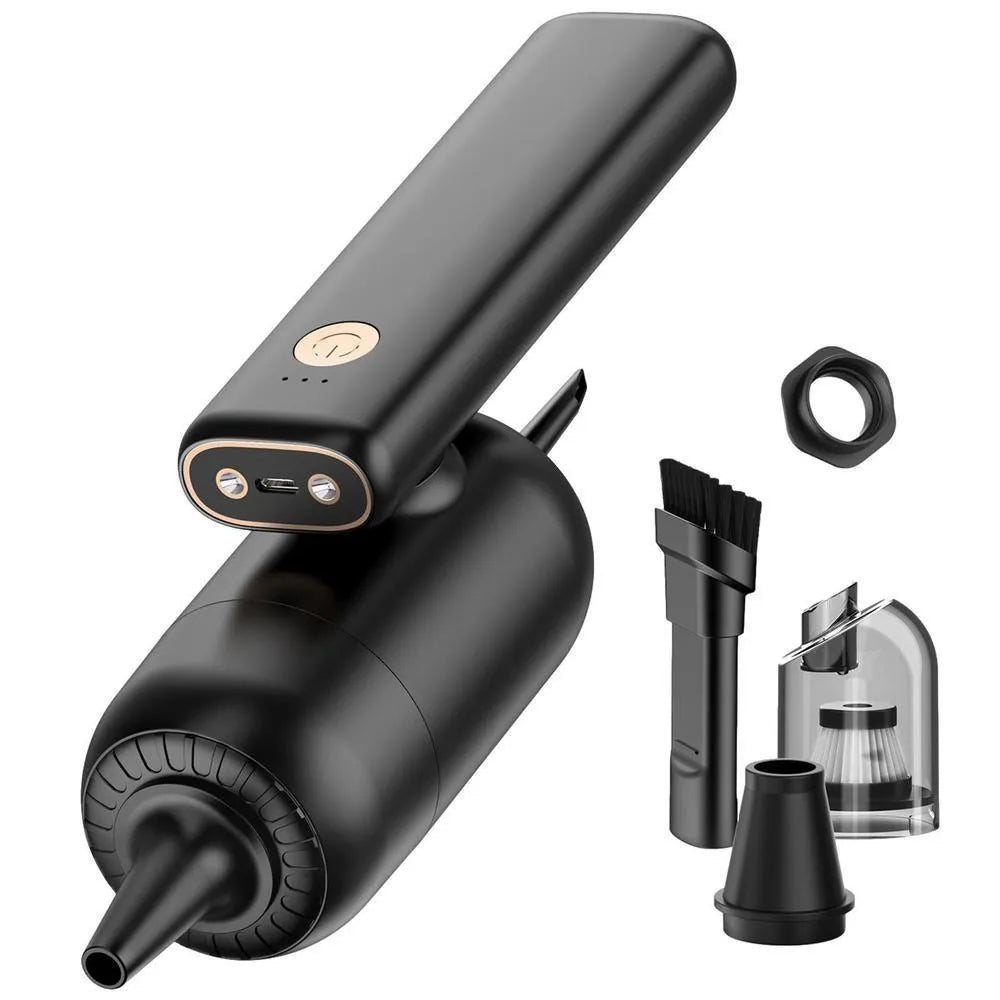 Black car charging vacuum cleaner with crevice nozzle and brush nozzle on a white background