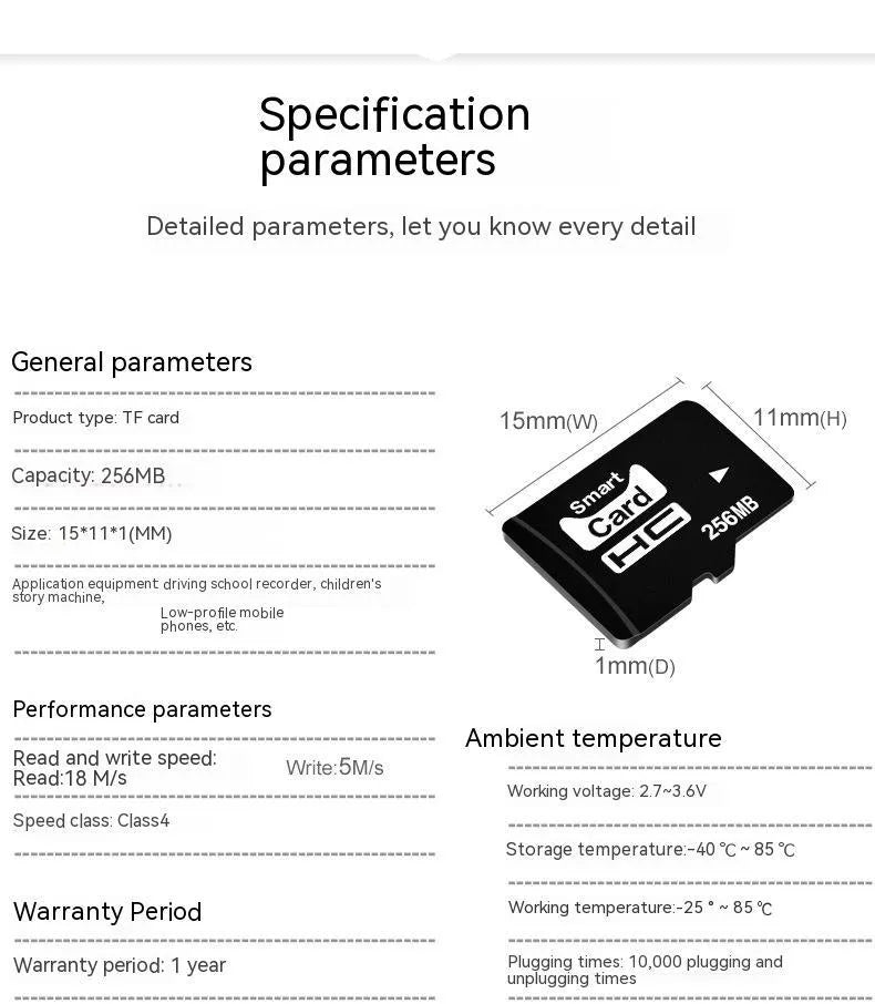 TF series 256MB memory card in its packaging, dimensions 11x15x1mm.
