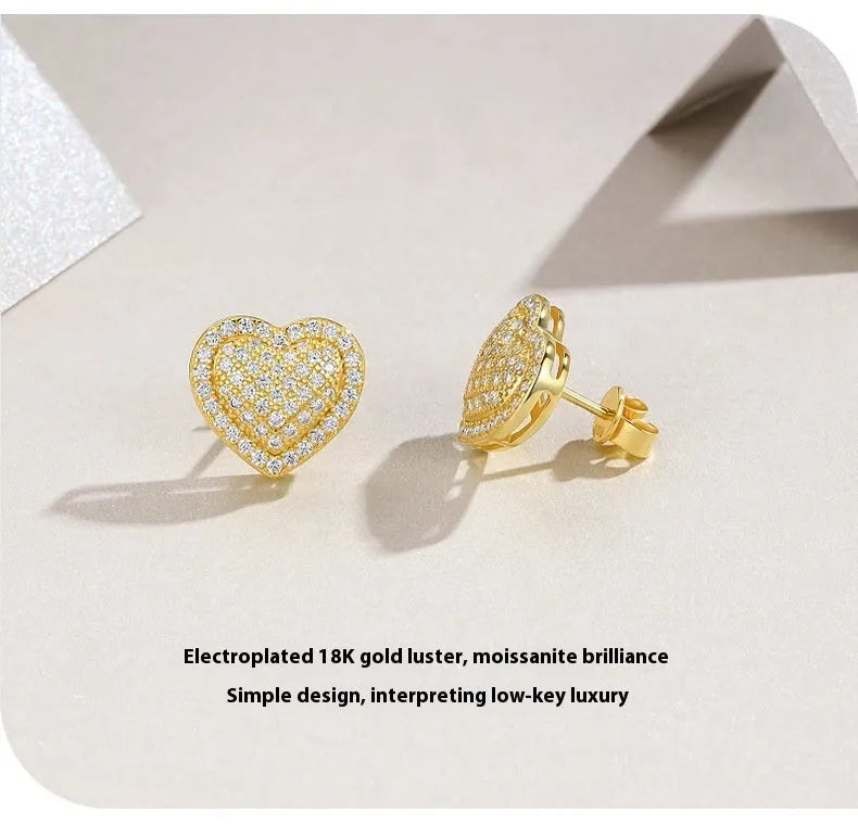S925 silver gold heart-shaped moissanite stud earrings with minimalist design