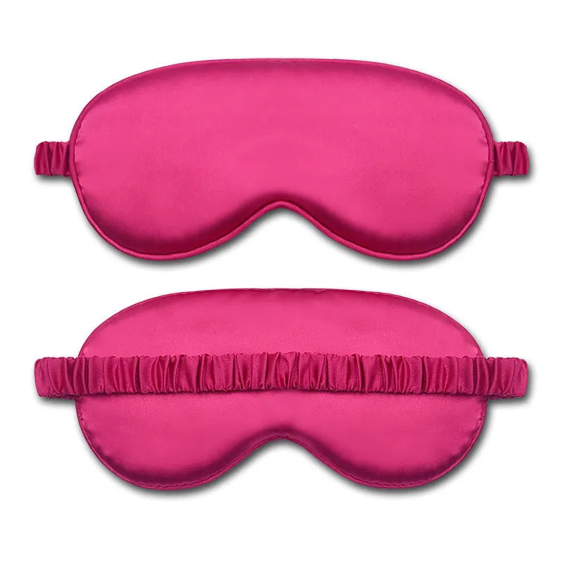 Double-sided rayon elastic satin sleep mask shown in multiple colour options including black, sky blue, and wine red.
