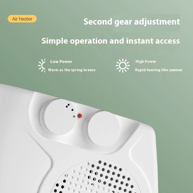 Small white desktop electric heater with power controls, suitable for rooms under 10 square metres.