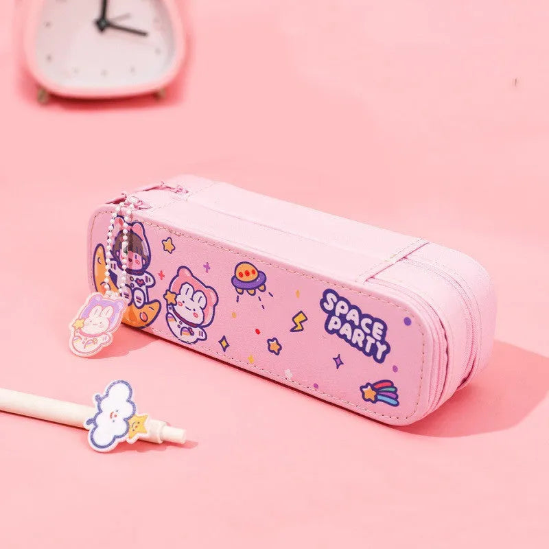 Ins cartoon double-layer pencil case in cute astronaut design with pen inside, made of PU material, available in multiple colours