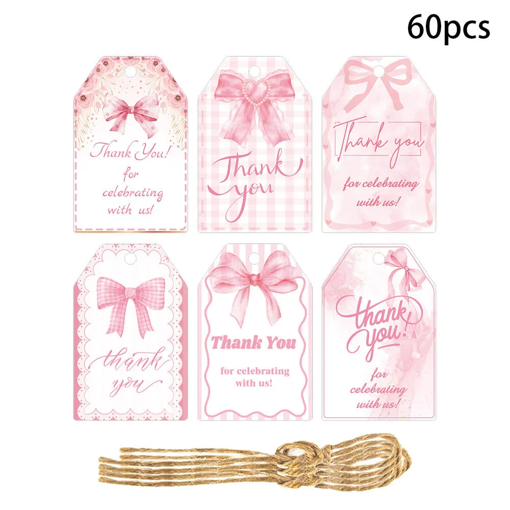 60-piece set of birthday party gift label tags with bowknot designs and natural hemp rope.
