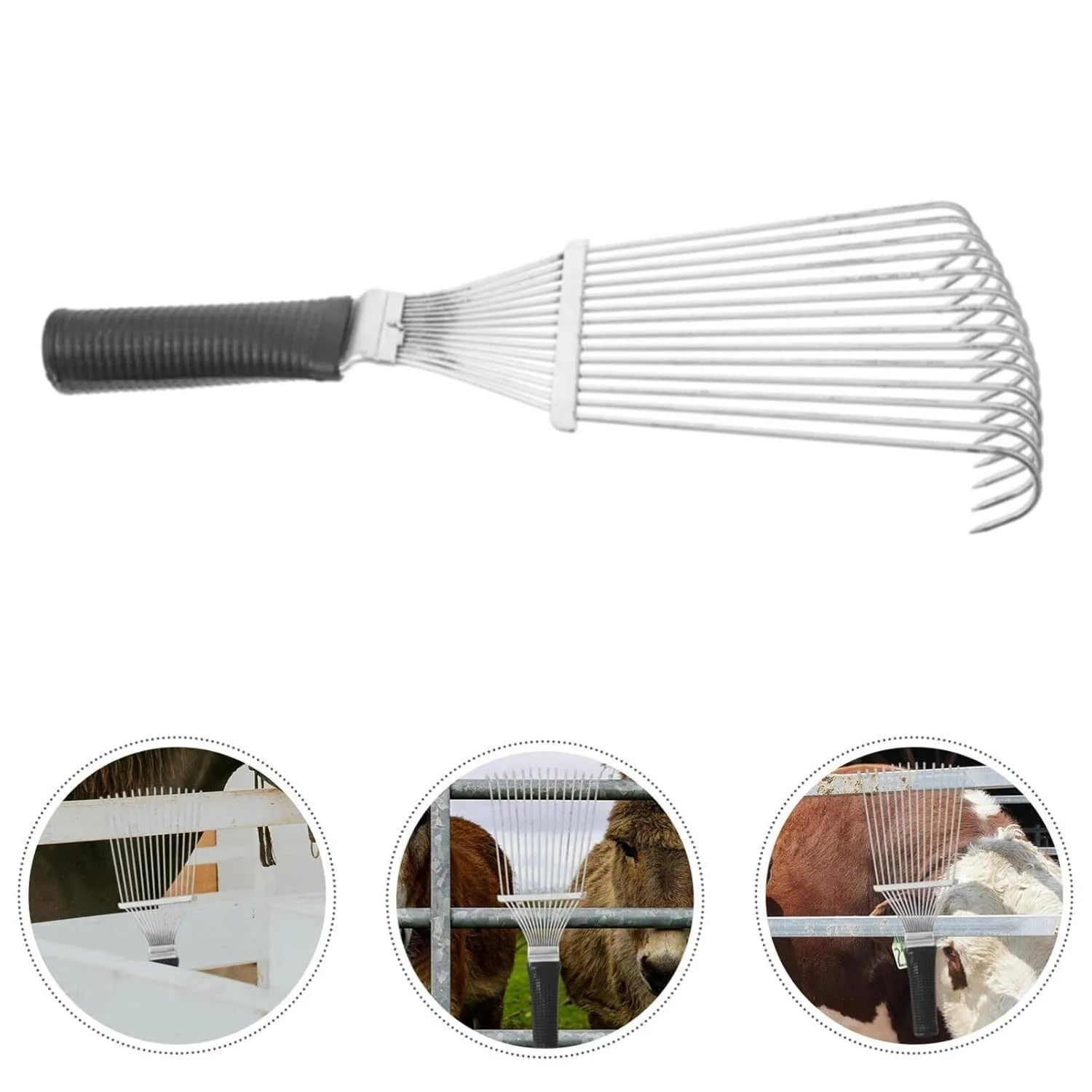 Black stainless steel pet dematting brush rake comb with curved teeth for grooming dogs and horses.