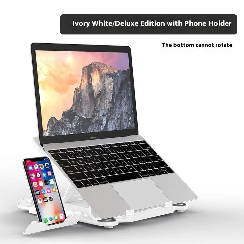 Black ABS plastic laptop cooling bracket stand on a wooden desk