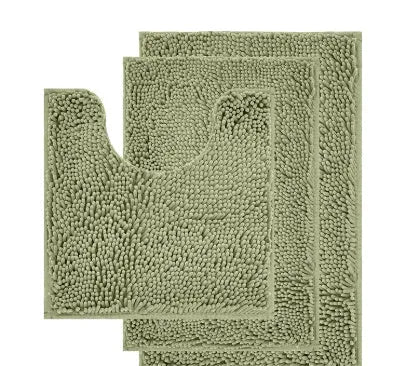 Dark green chenille three-piece U-shaped toilet mat set with non-slip TPR backing on bathroom floor.