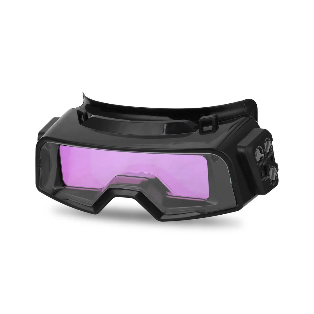 Black automatic darkening welding mask with a large rectangular viewing lens.