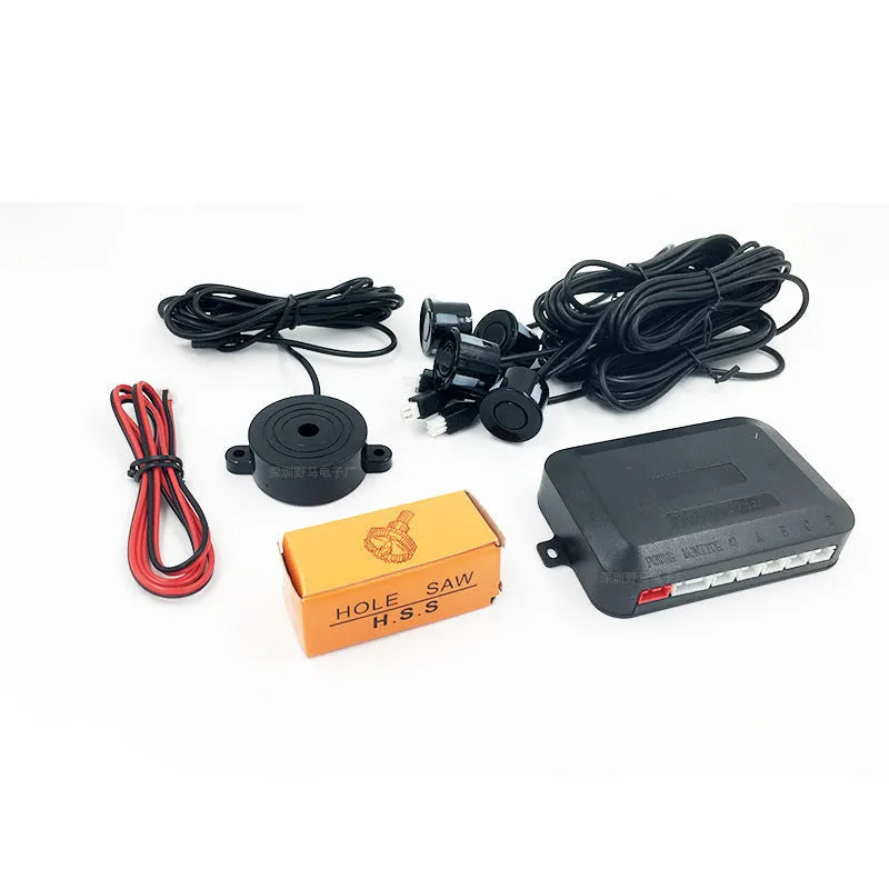4-probe car reversing radar kit with sensors, buzzer module, cables and hole saw