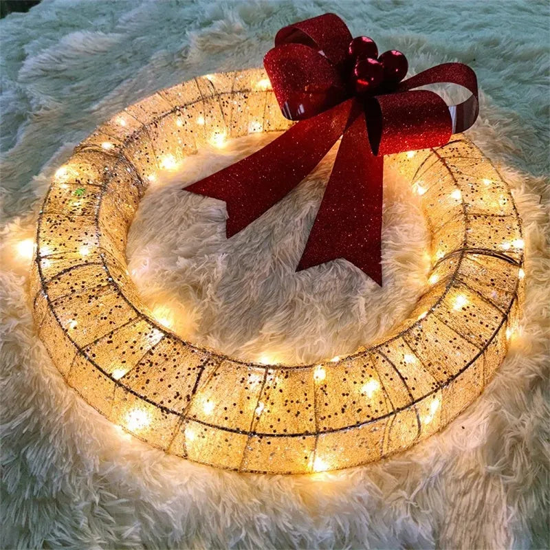 50cm handmade Christmas garland with bowknot, 140 LED warm lights, gold or green, for door or wall