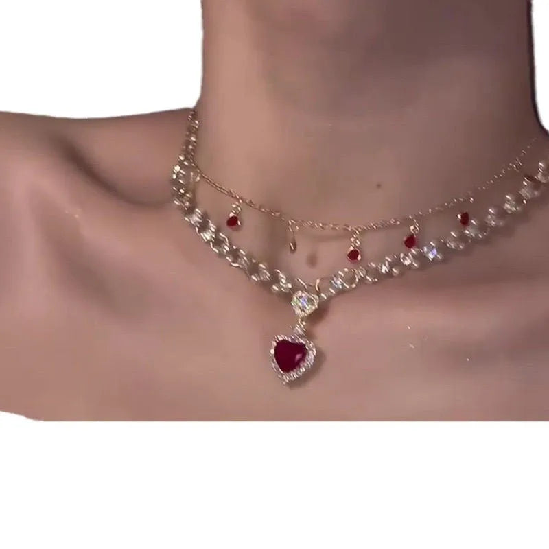 Red Love Pearl double layer twin necklace with heart pendant and electroplated alloy chain