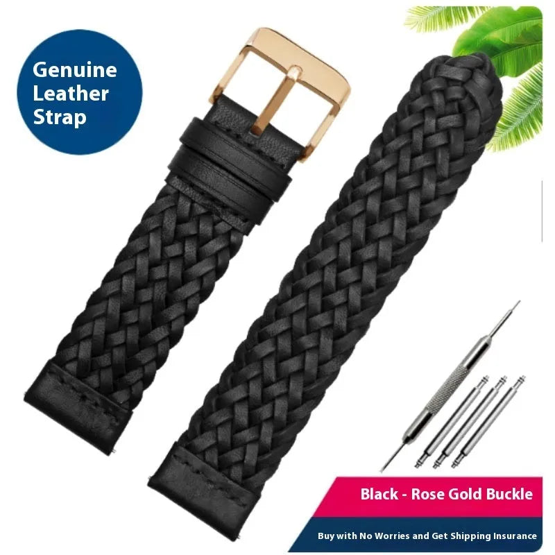 Hand woven genuine leather watch strap with alloy pin buckle, 20mm width, black with silver buckle