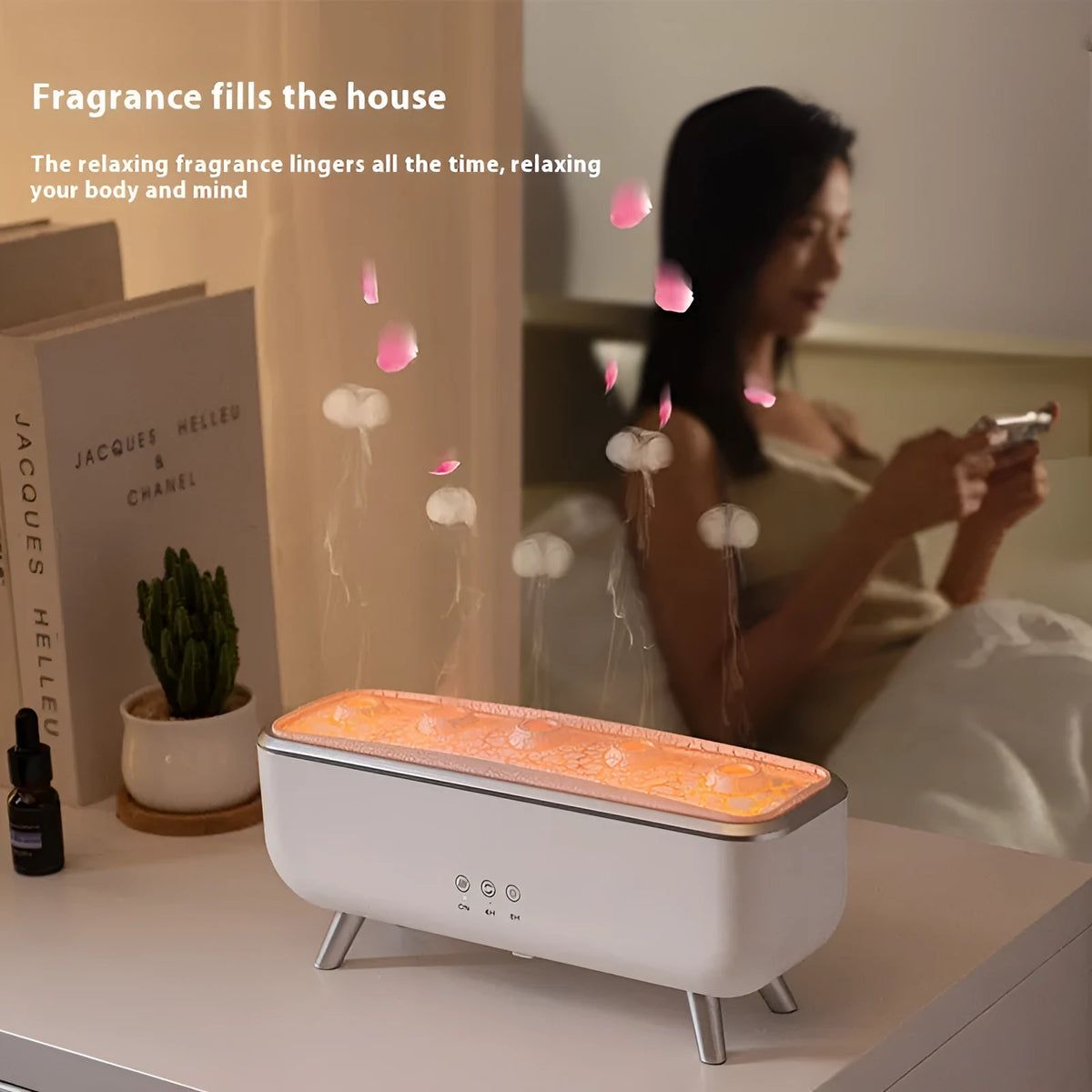 White square ultrasonic jellyfish smoke ring humidifier with remote control and UK plug for desktop use