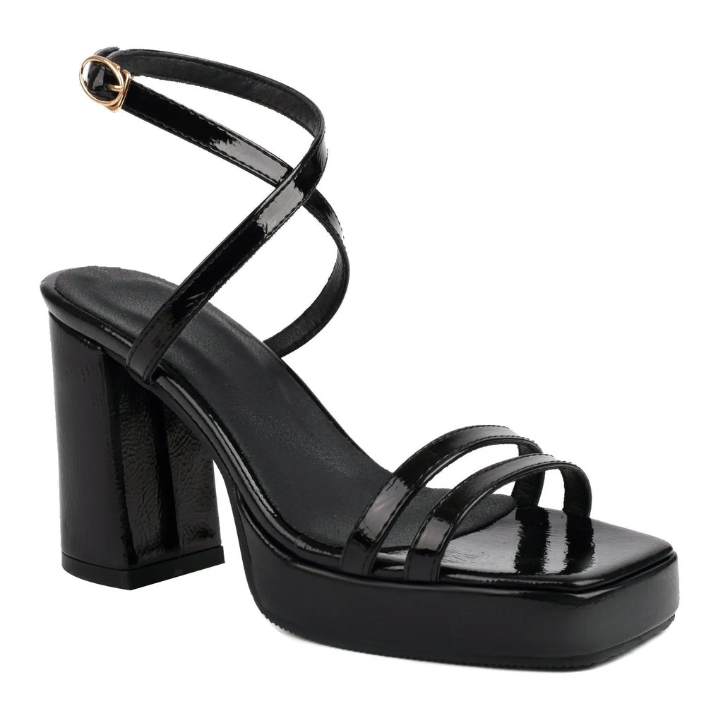Square toe high heels with thin strap buckle and wide strap, microfiber upper, six colours, sizes 35-43