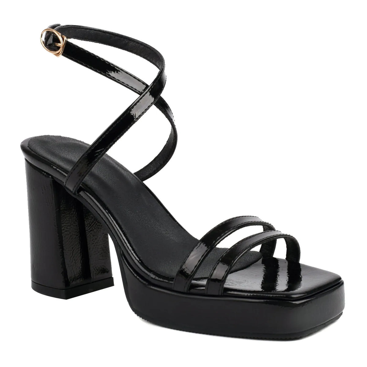 Square toe high heels with thin strap buckle and wide strap, microfiber upper, six colours, sizes 35-43