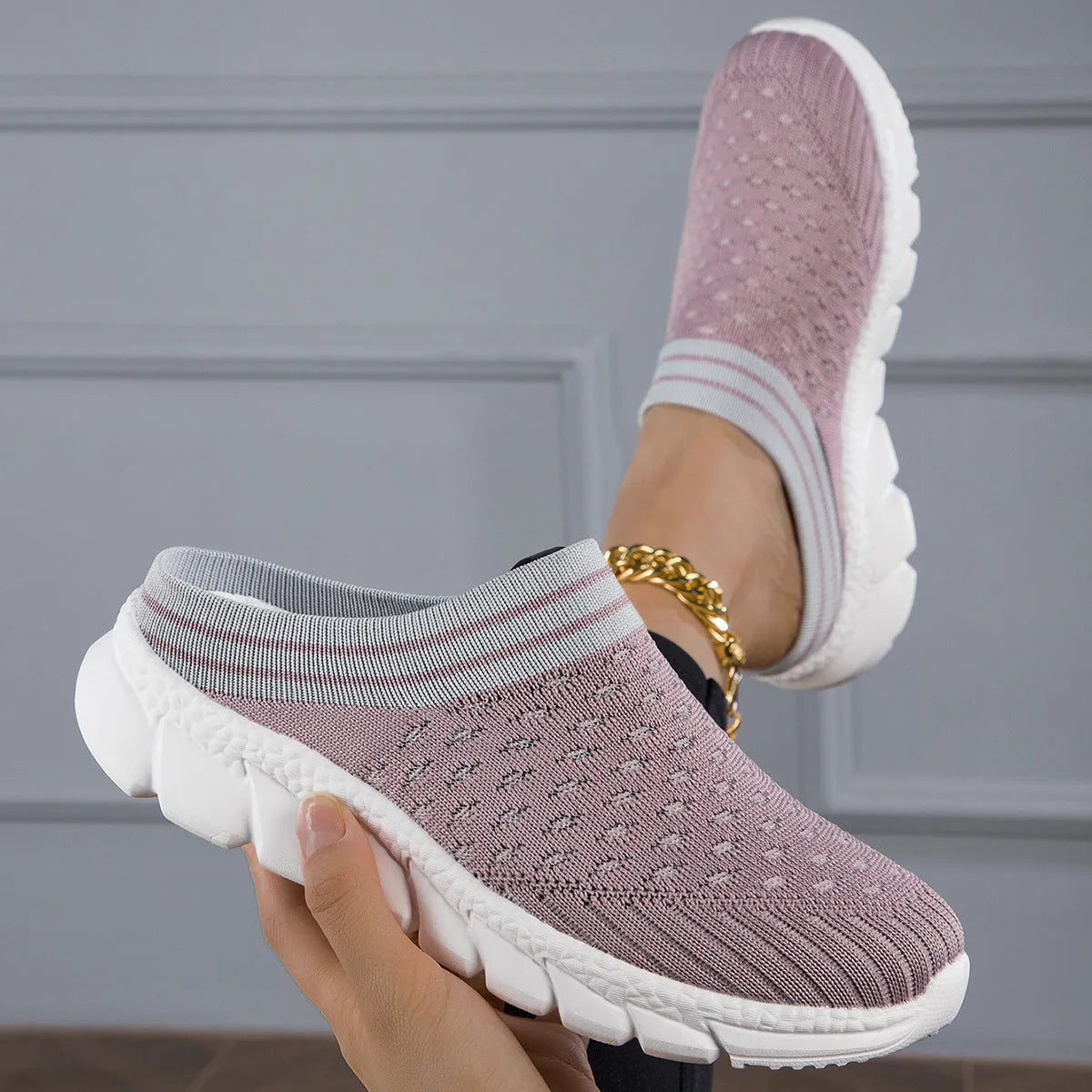 Women's striped Flyknit slipper shoes in sport style with hollow-out design and height increasing soles