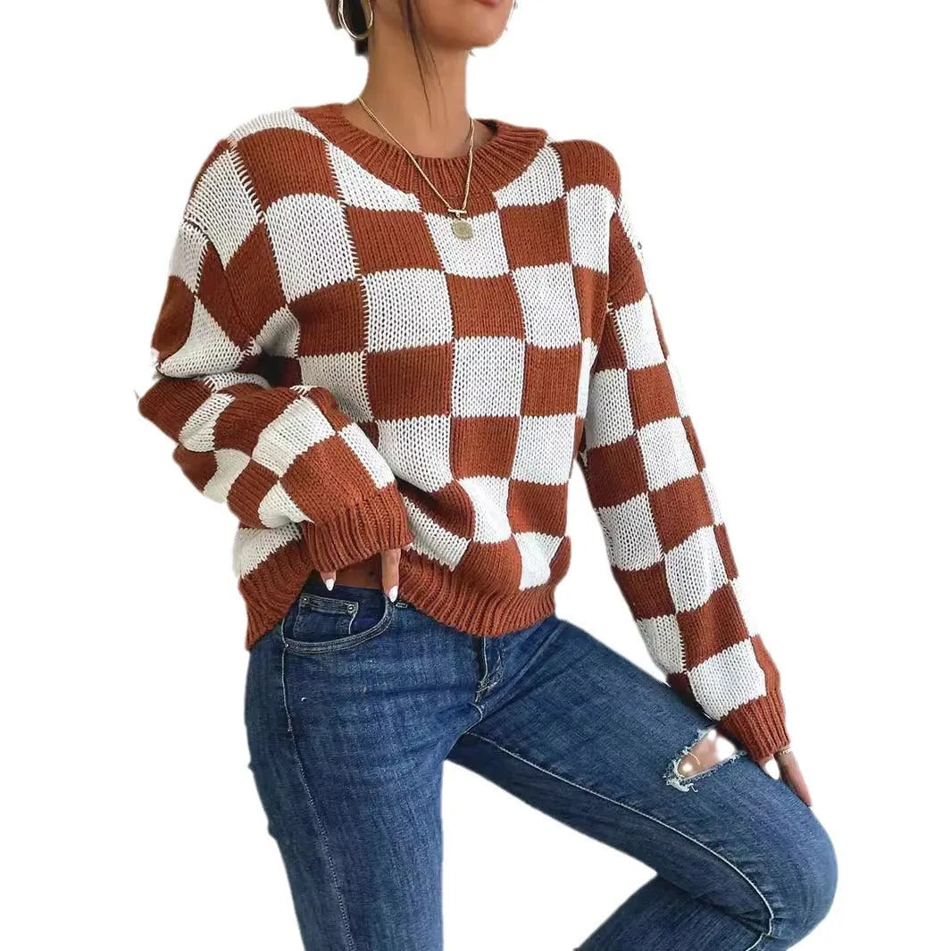 Dark brown plaid pattern women's loose-fit acrylic pullover sweater with long sleeves