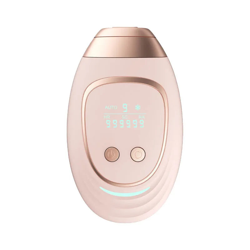 Pink and white three-in-one ice-sensing laser hair removal device with charging cable and accessories on a white background.