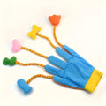 Yellow and blue magic glove cat wand toy with feather trailer and integrated bell