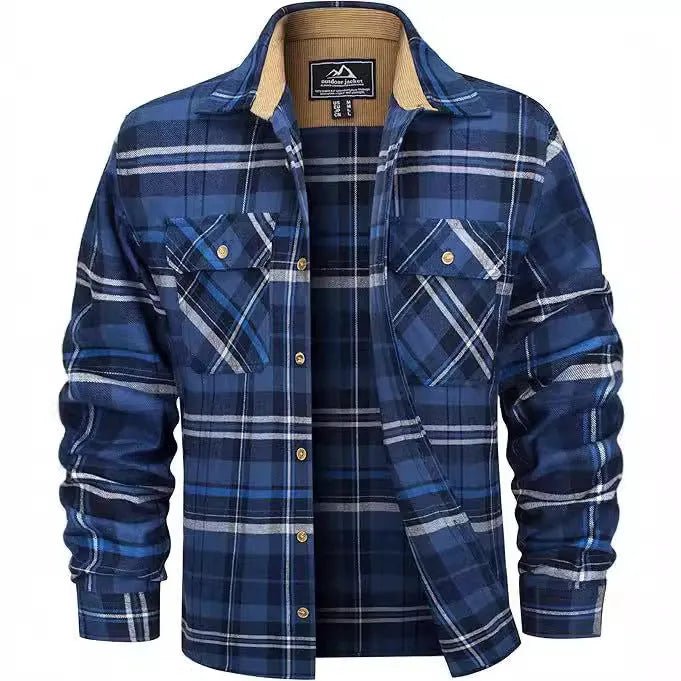 Men's flannel casual button shirt in a plaid pattern, showing cardigan style with long sleeves.