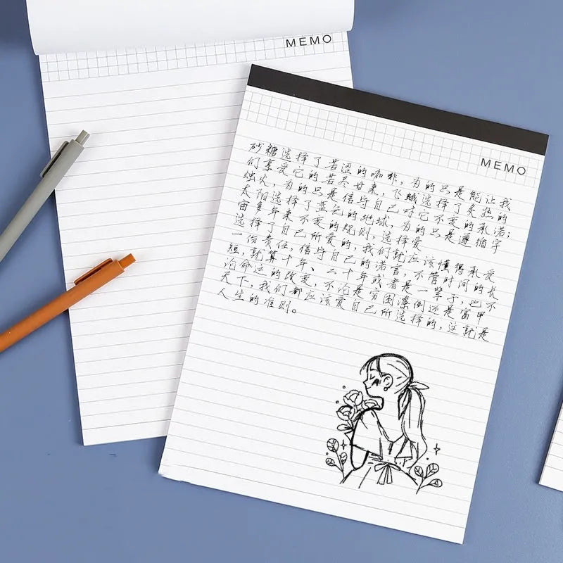 A4 tearable notebook with grid-lined paper and adhesive binding, shown in A4 and A5 sizes