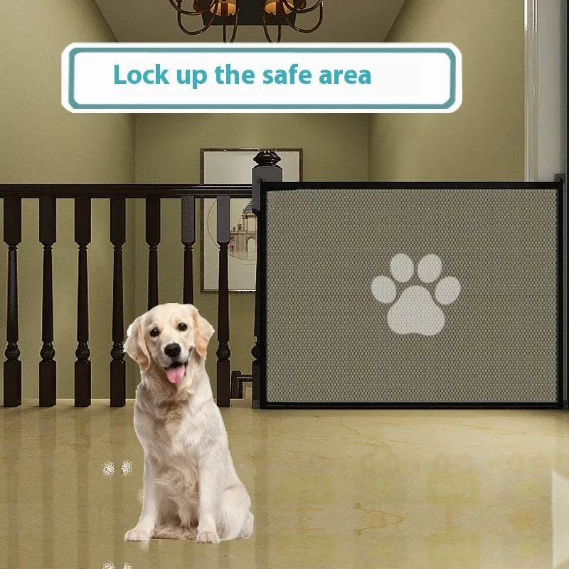 Folding dog barrier safety net fence with pet doorsill design in black or white dog footprint patterns