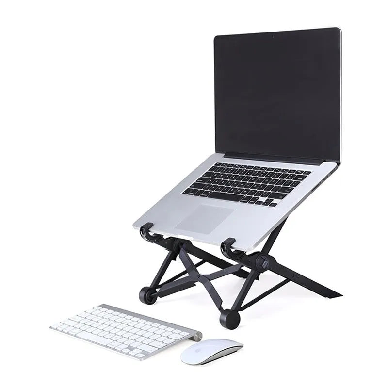 Portable folding computer bracket in sagacious black with carrying case, showing folded dimensions