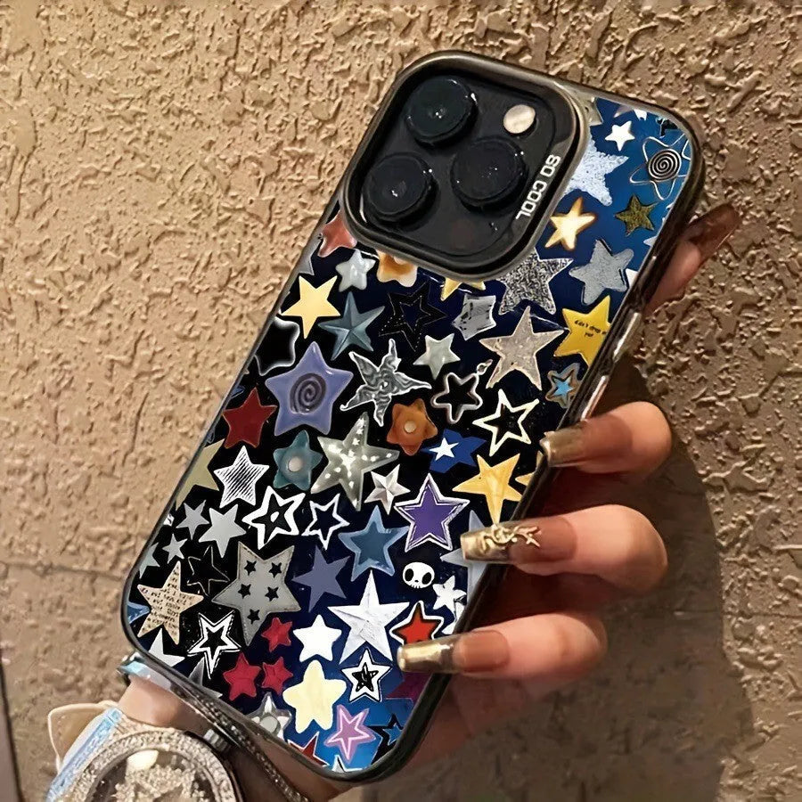 Black PC hard phone case for iPhone with five-pointed star laser design, anti-fingerprint coating