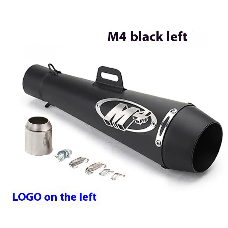 Universal M4 motorcycle exhaust pipe in multiple finish options including black, white steel, titanium and blue