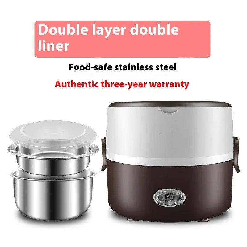 Portable plug-in insulated lunch box in double layer pink with stainless steel inner liner and electrical plug