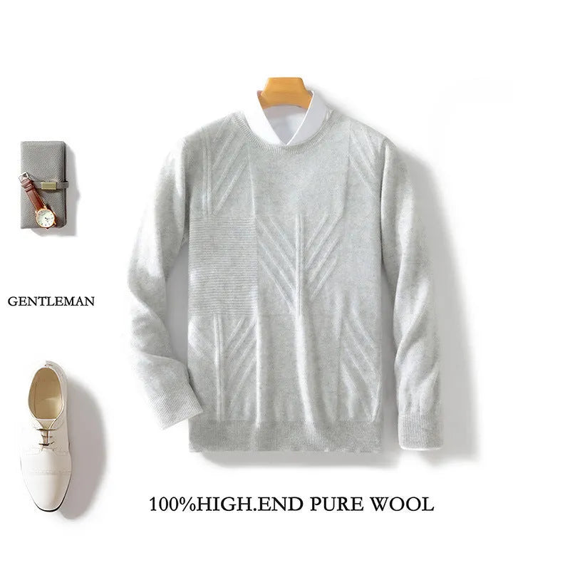 Men's round neck sweater pullover solid colour jacquard loose fit long sleeve mercerized craft