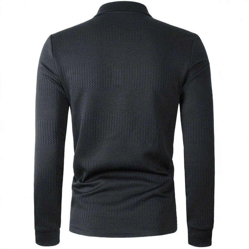 Men's solid colour long sleeve top in black, autumn fitness casual wear, polyester blend fabric