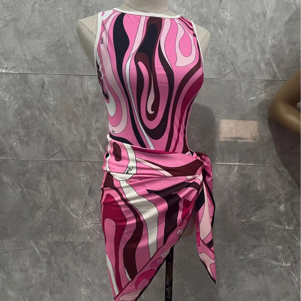 Women's striped polyester bikini set with square scarf in blue, front view, for swimming and wading