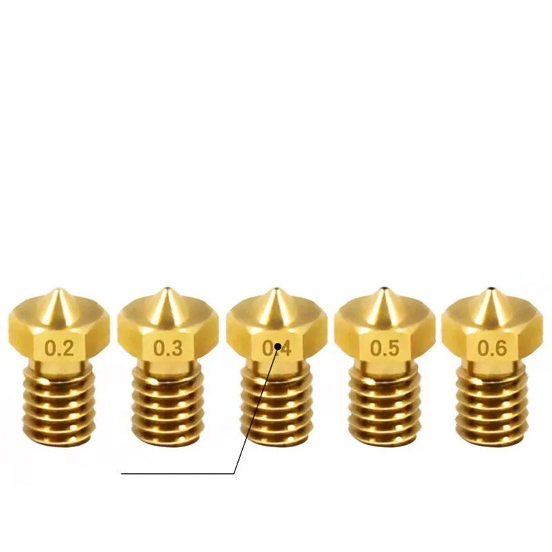 Close-up of a brass E3D-style 3D printer nozzle with M6 thread, showing its precise machining.
