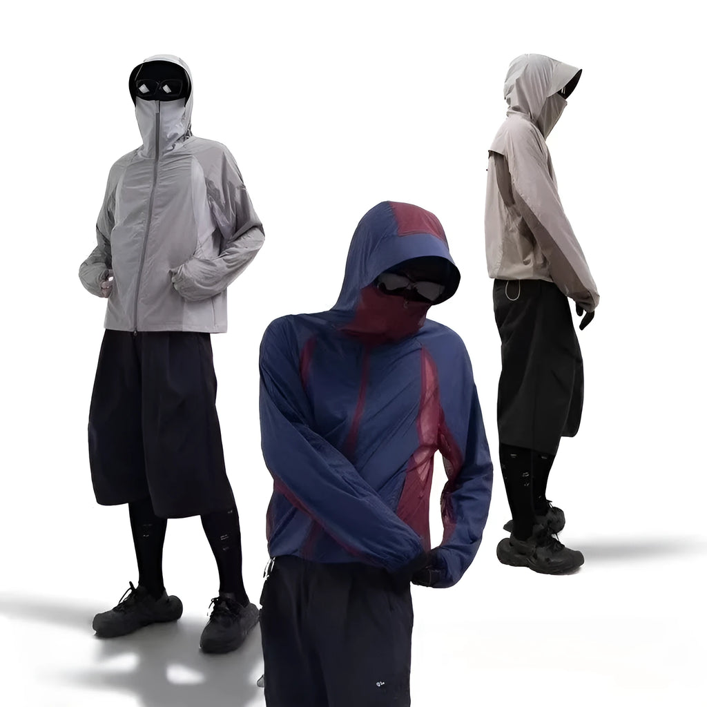 Mesh stitching thin nylon sun protective clothes shown in desert brown, light gray, red, and blue colours.
