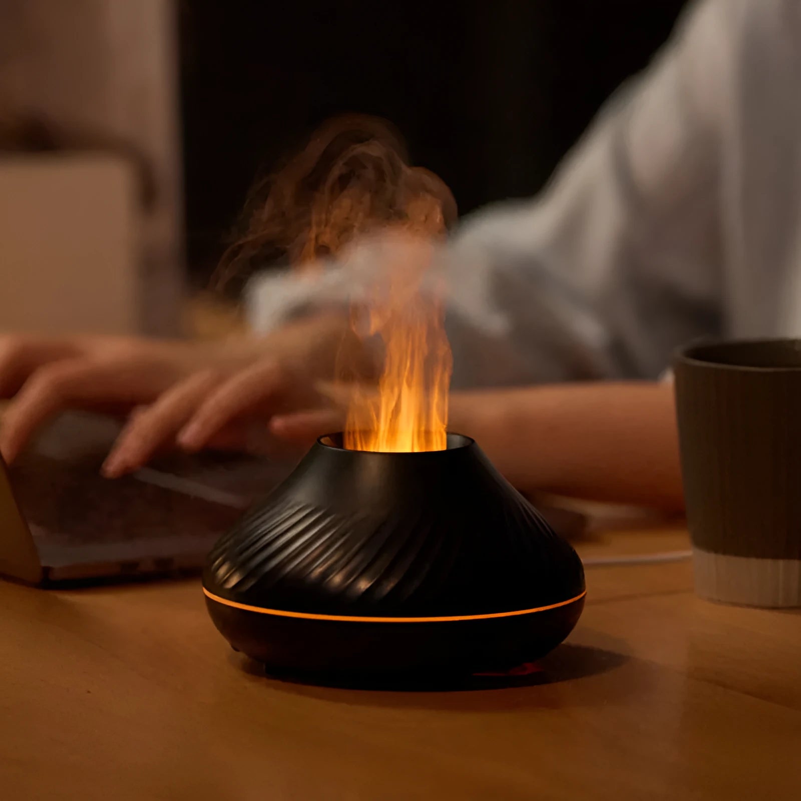 130ml RGB flame aroma diffuser with 3D colourful fire volcano effect humidifier night light black
