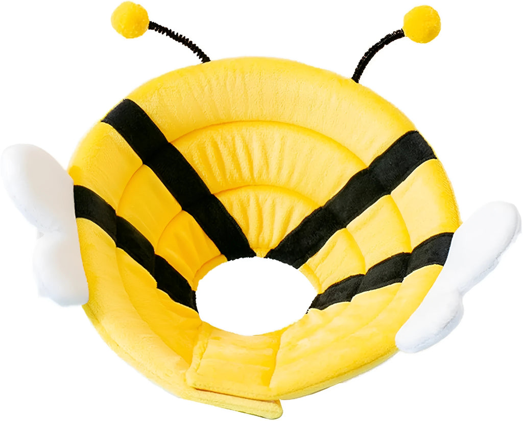 Soft cat cone collar with bee design showing adjustable velcro closure for wound protection