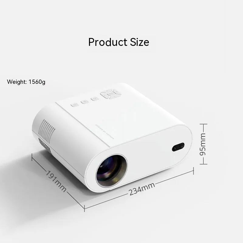 White T07 Full HD 1080p smart home cinema projector with remote control on a wooden surface.
